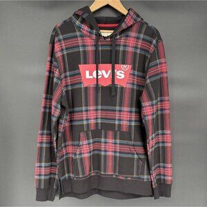 NWT Levi's Men's Logo Plaid Hoodie Sweatshirt Size L Red & Black Casual